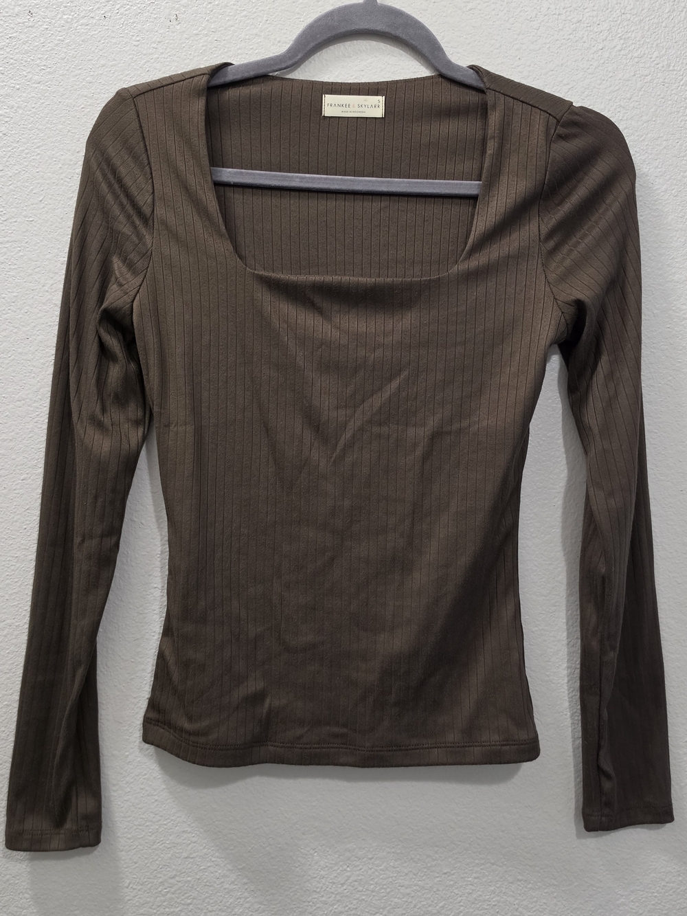Square-Neck Ribbed Long Sleeve Top in Brown